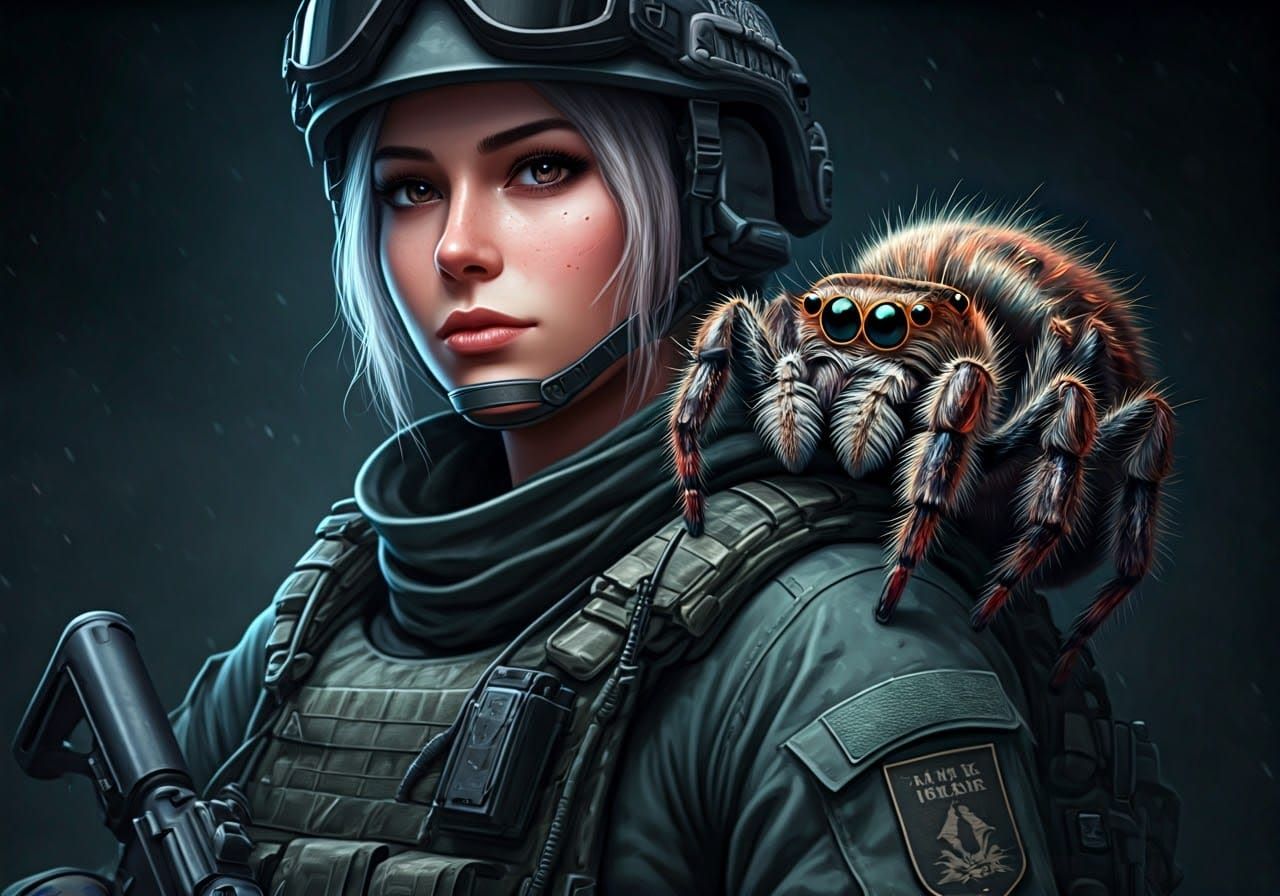 Confident Warrior with Fuzzy Jumping Spider Companion