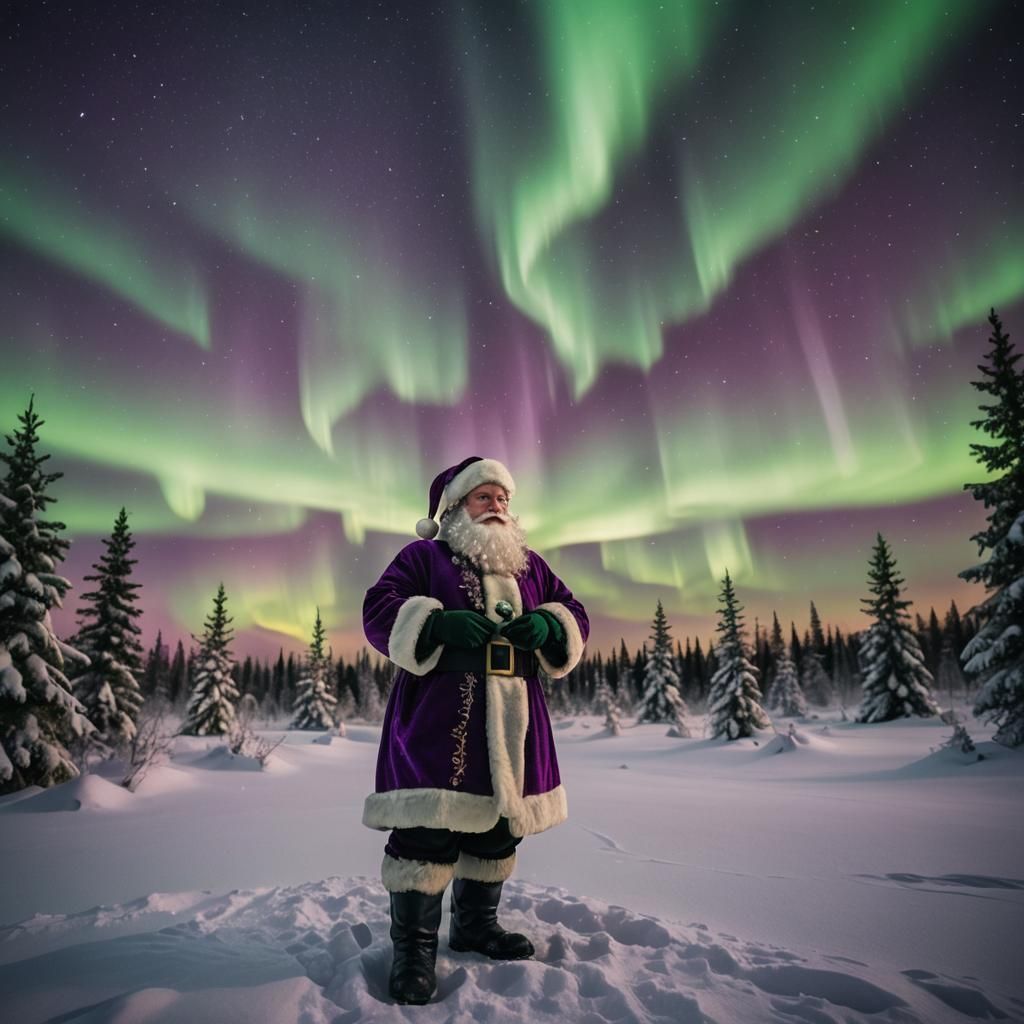 Santa Claus Under Northern Lights on Christmas Eve