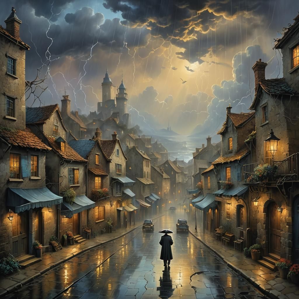 Stormy Street Scene with Surreal and Ethereal Elements