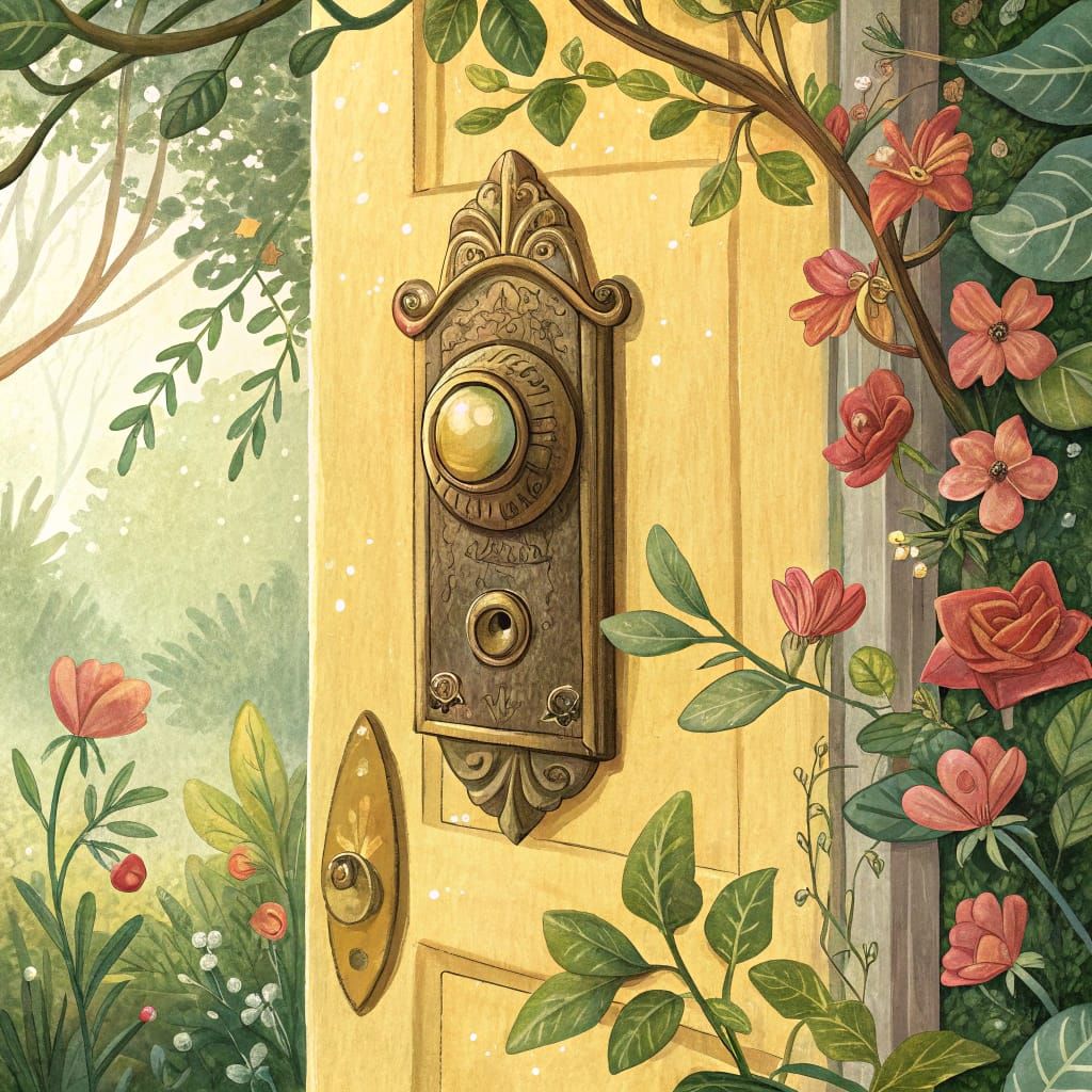 Whimsical Doorbell Scene in Dreamy Watercolor Style