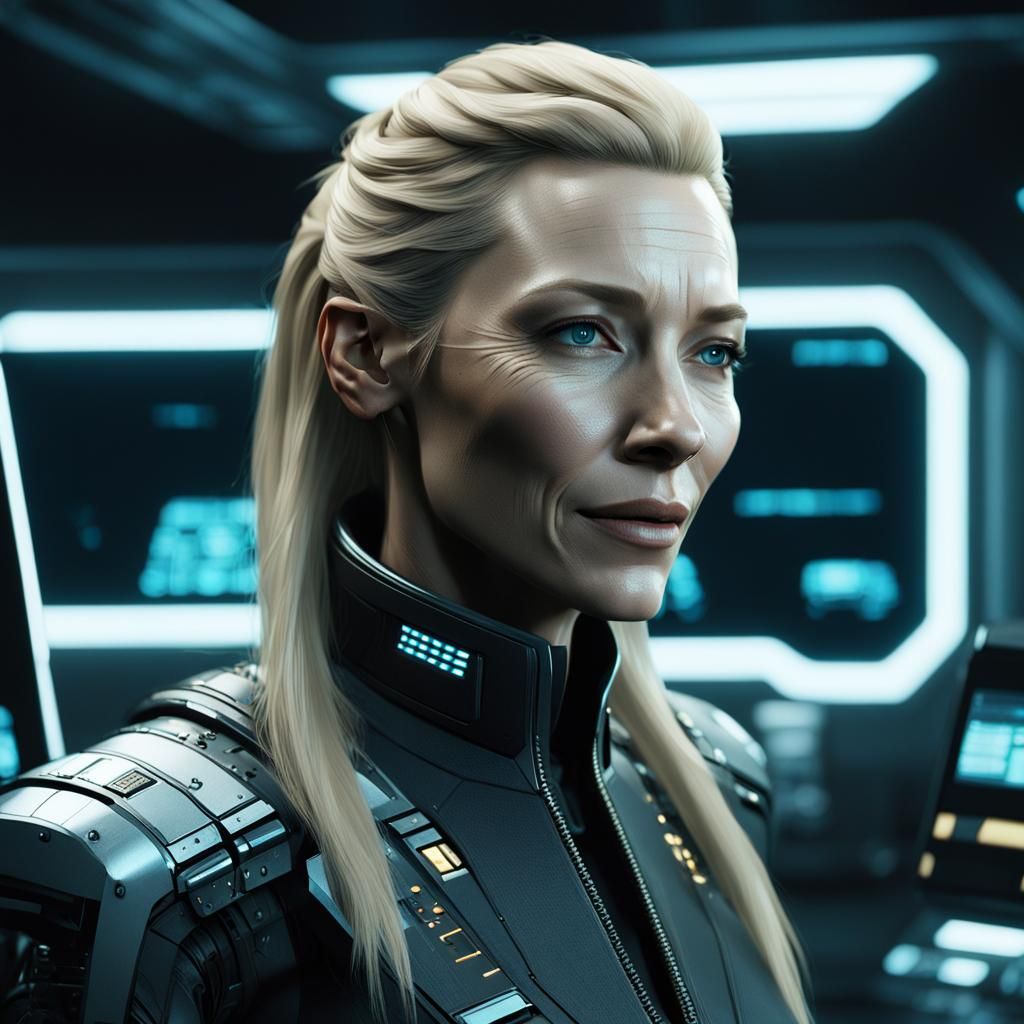 Young girl about 40, very similar to Cate Blanchett, sharp and delicate facial features, blonde hair, tall, thin, bitchy...