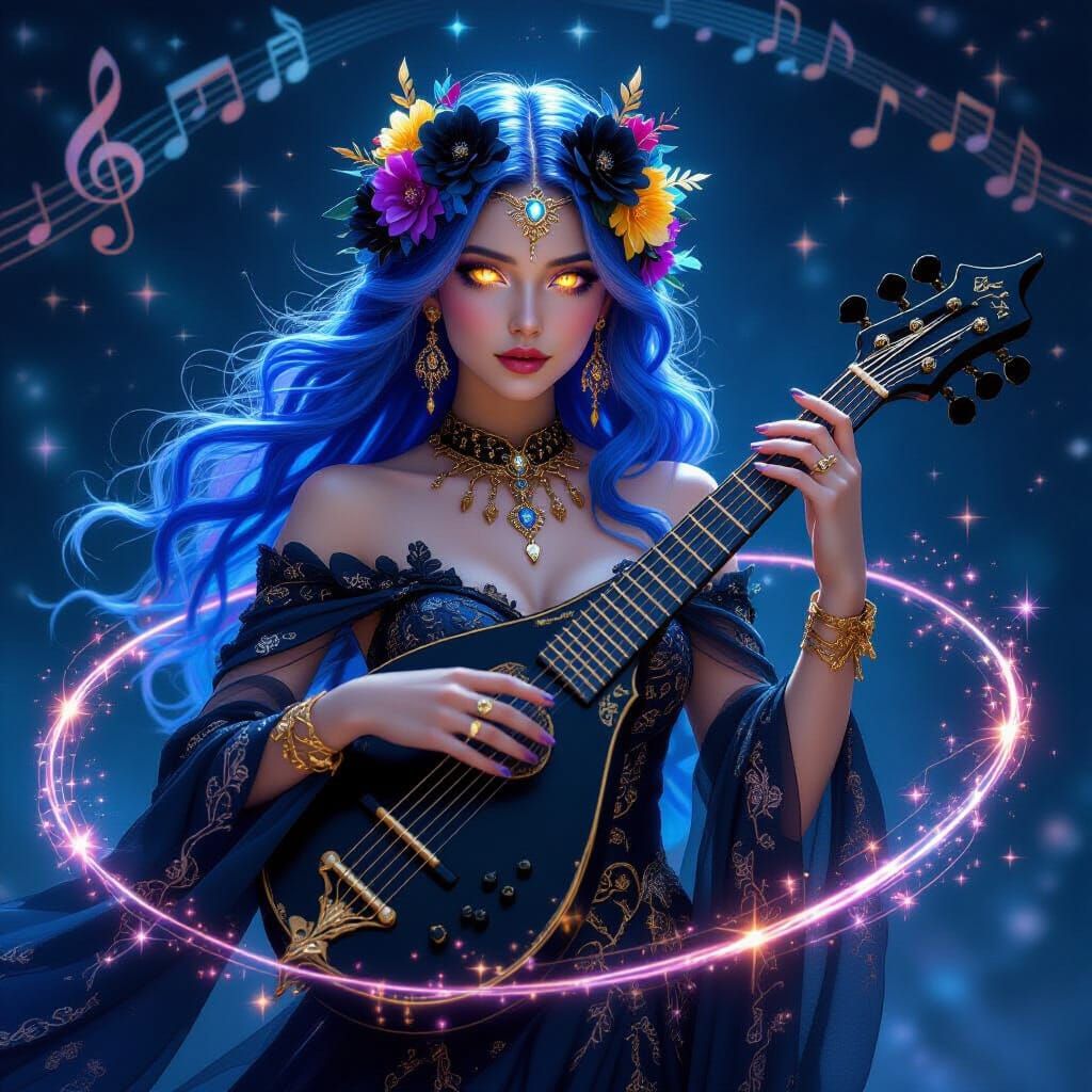 Celestial Muse Plays Radiant Baliset in Cosmic Harmony