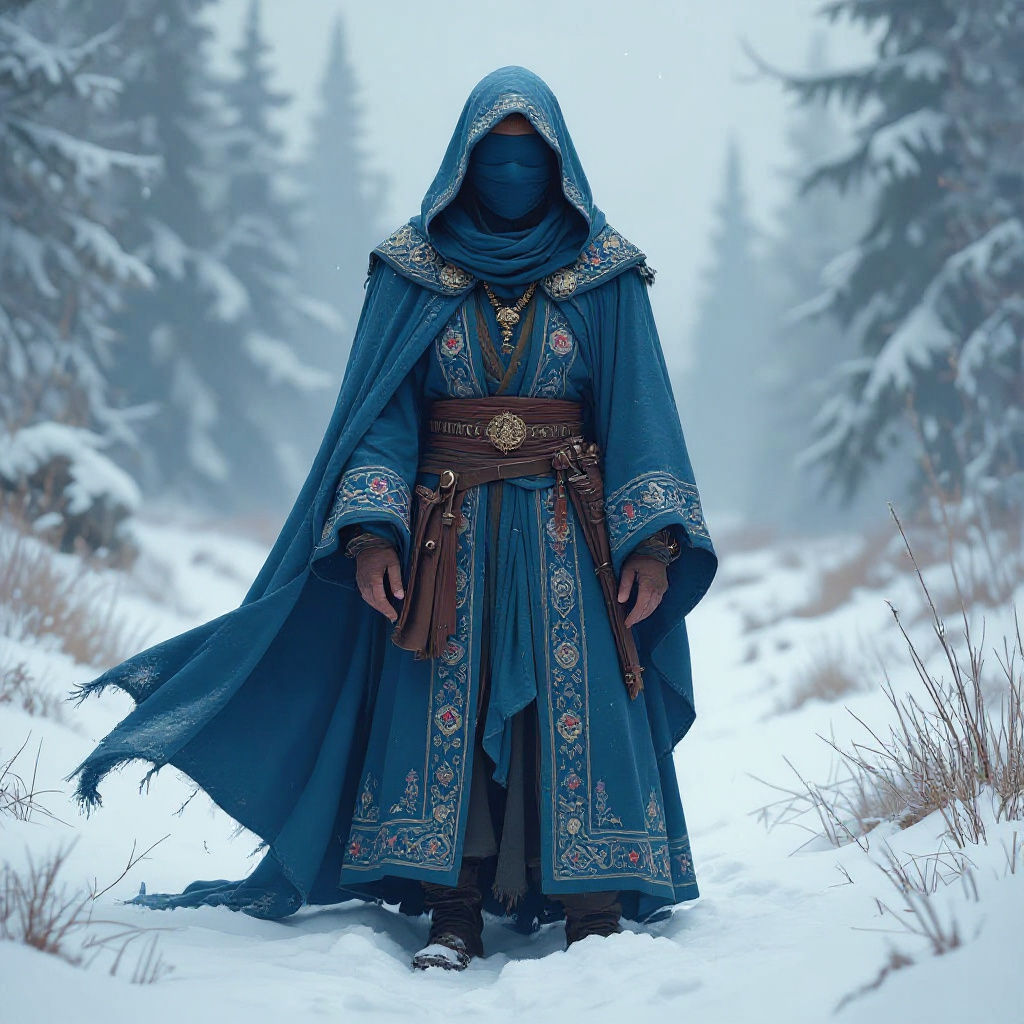 Blindfolded Wizard in Snowy Wilderness, Mystical Art