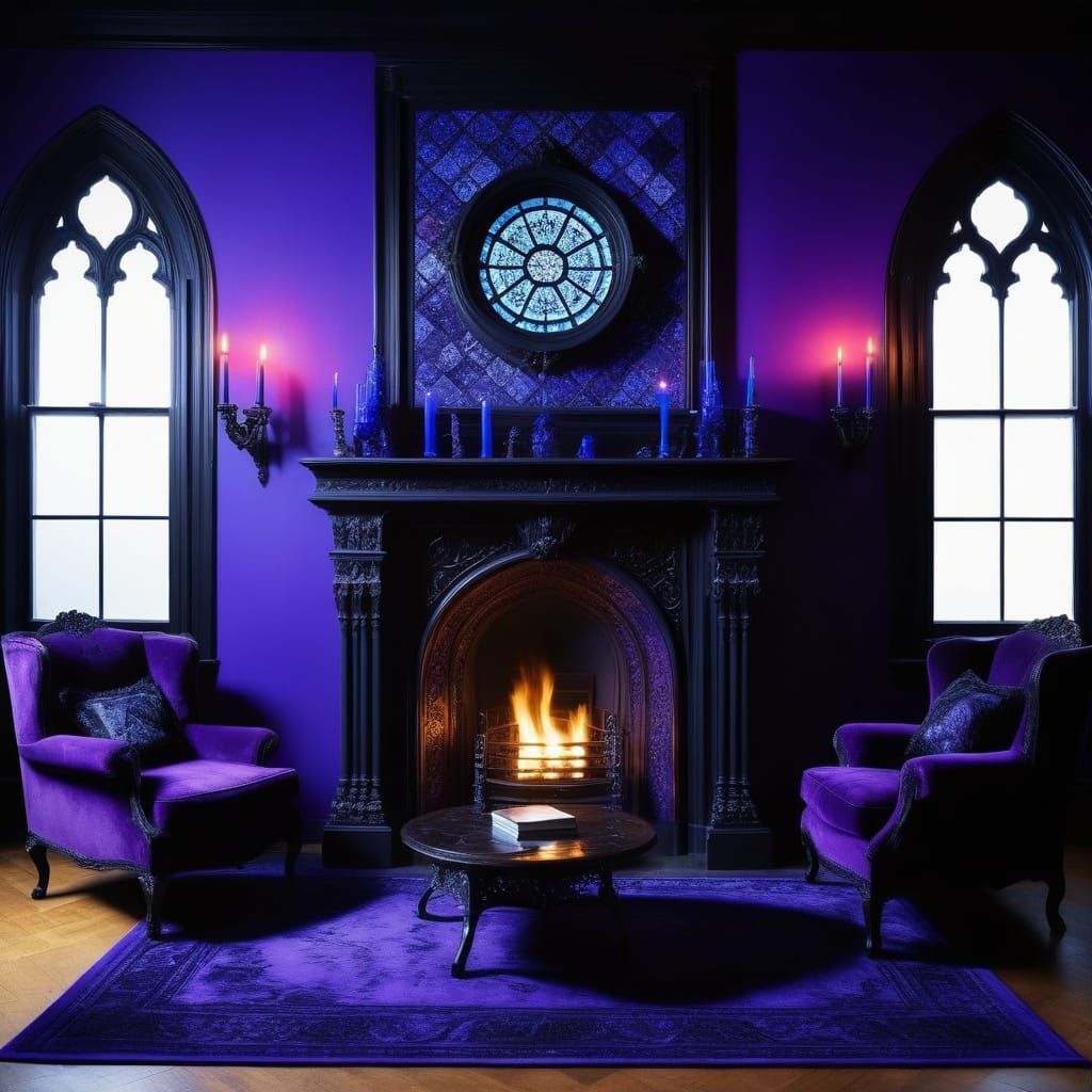 Gothic penthouse with vibrant purple tile wall with Blue accents& Black accents& Beautiful Gothic windows& luxurious pur...