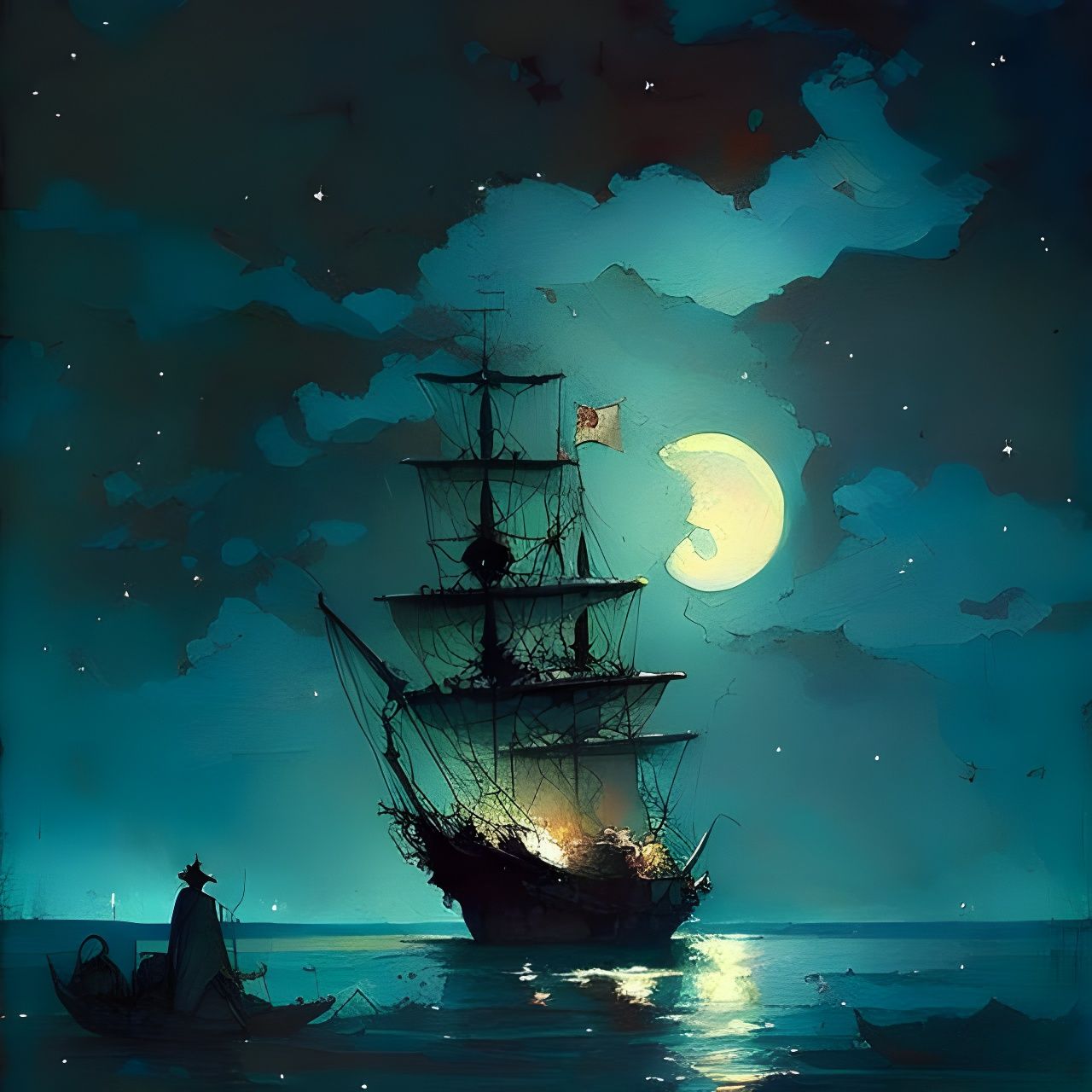 Starry Night Over Ocean with Pirate Ship