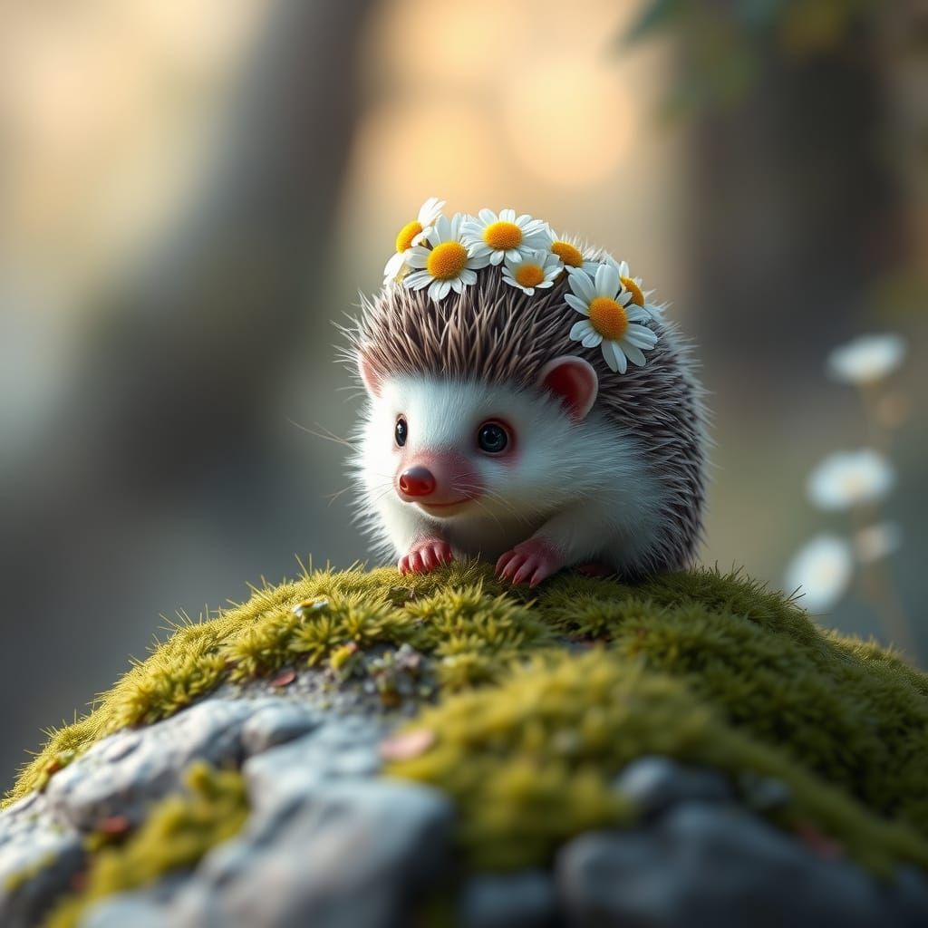Whimsical Hedgehog in Flower Crown, Idyllic Forest Scene