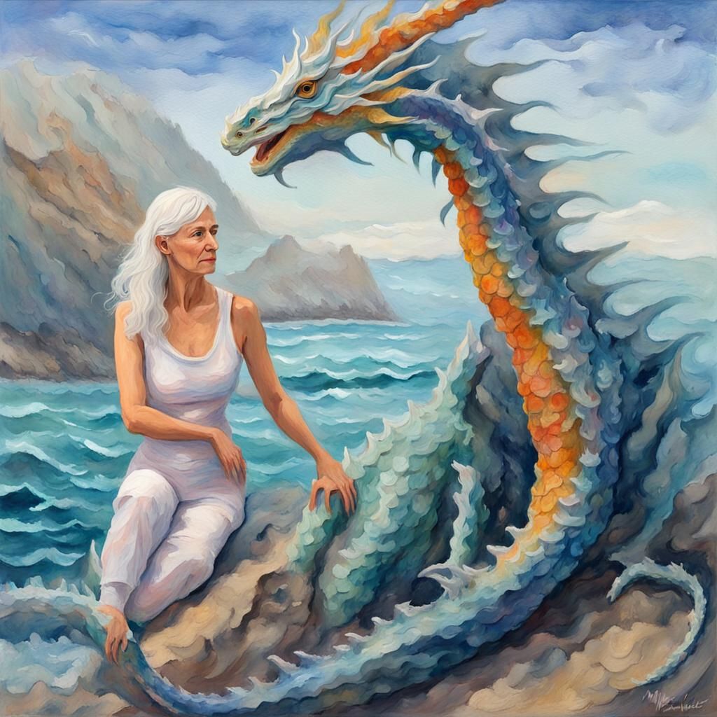 Sea Dragon Protects Owner in Gouache Style