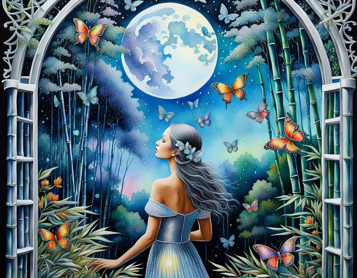 Surreal Pointillist Woman in Sky with Moon