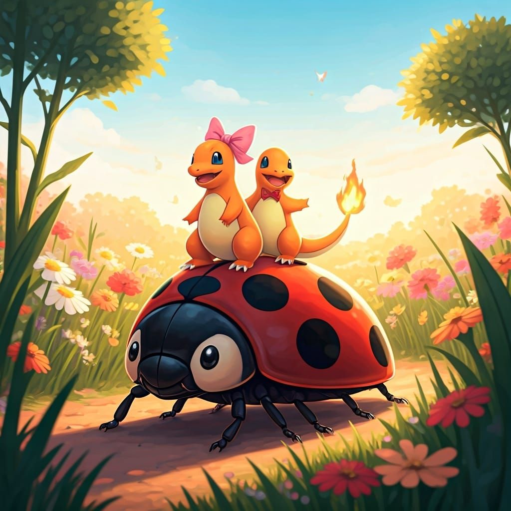 Charmander Siblings Ride a Ladybug Through Wildflower Meadow
