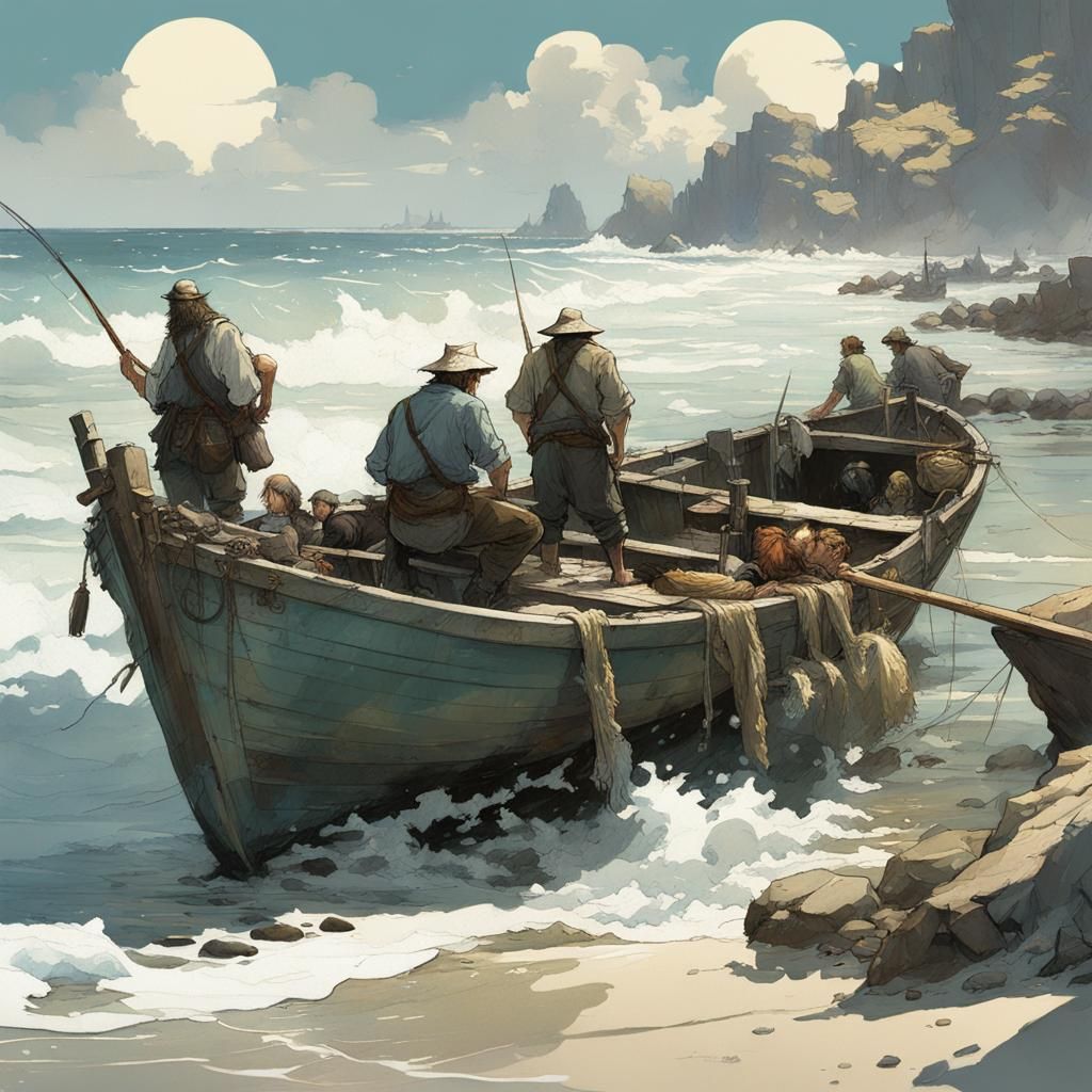 Beach Scene with Fishermen in Detailed Manhwa Style