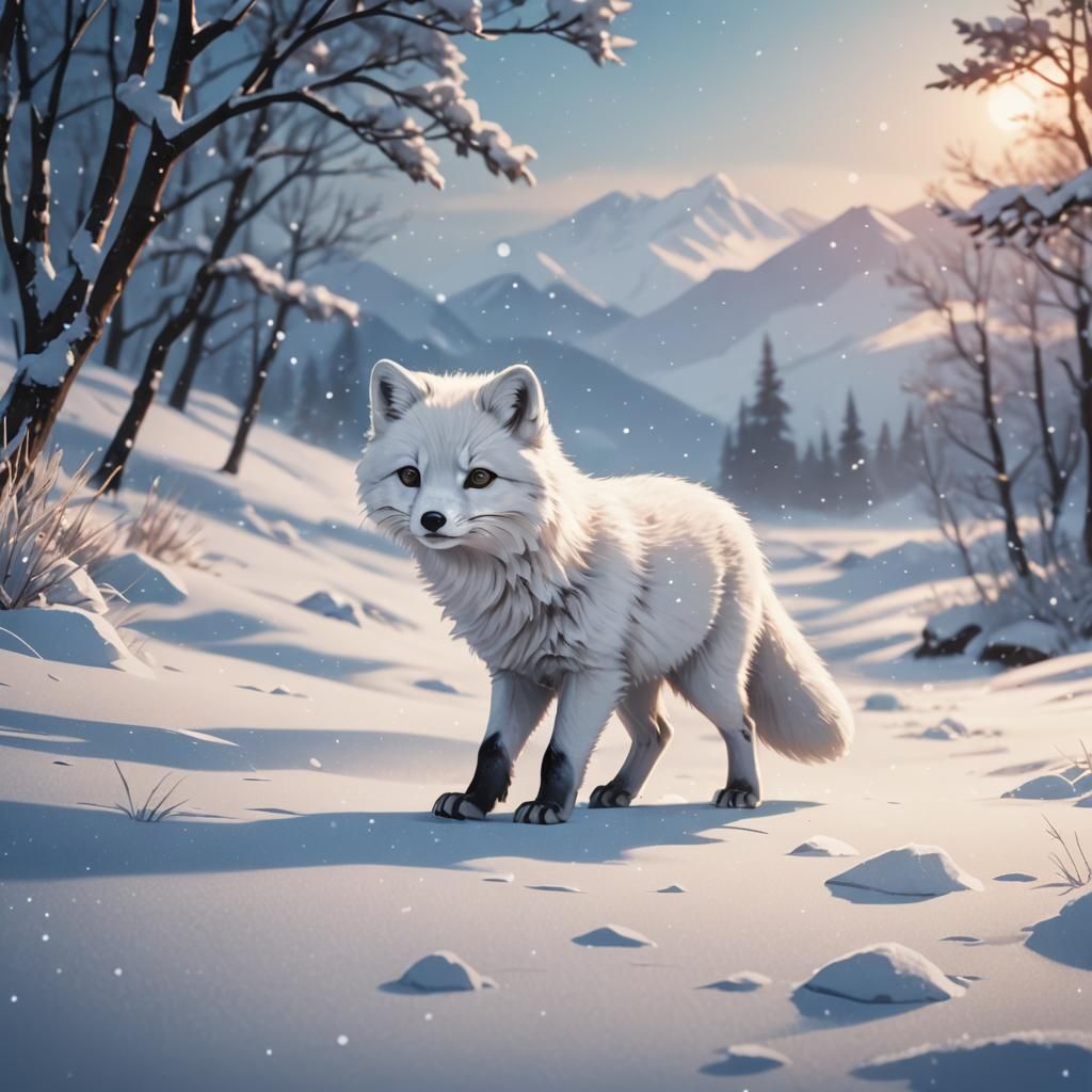 Baby Arctic Fox in Snow, Anime Style