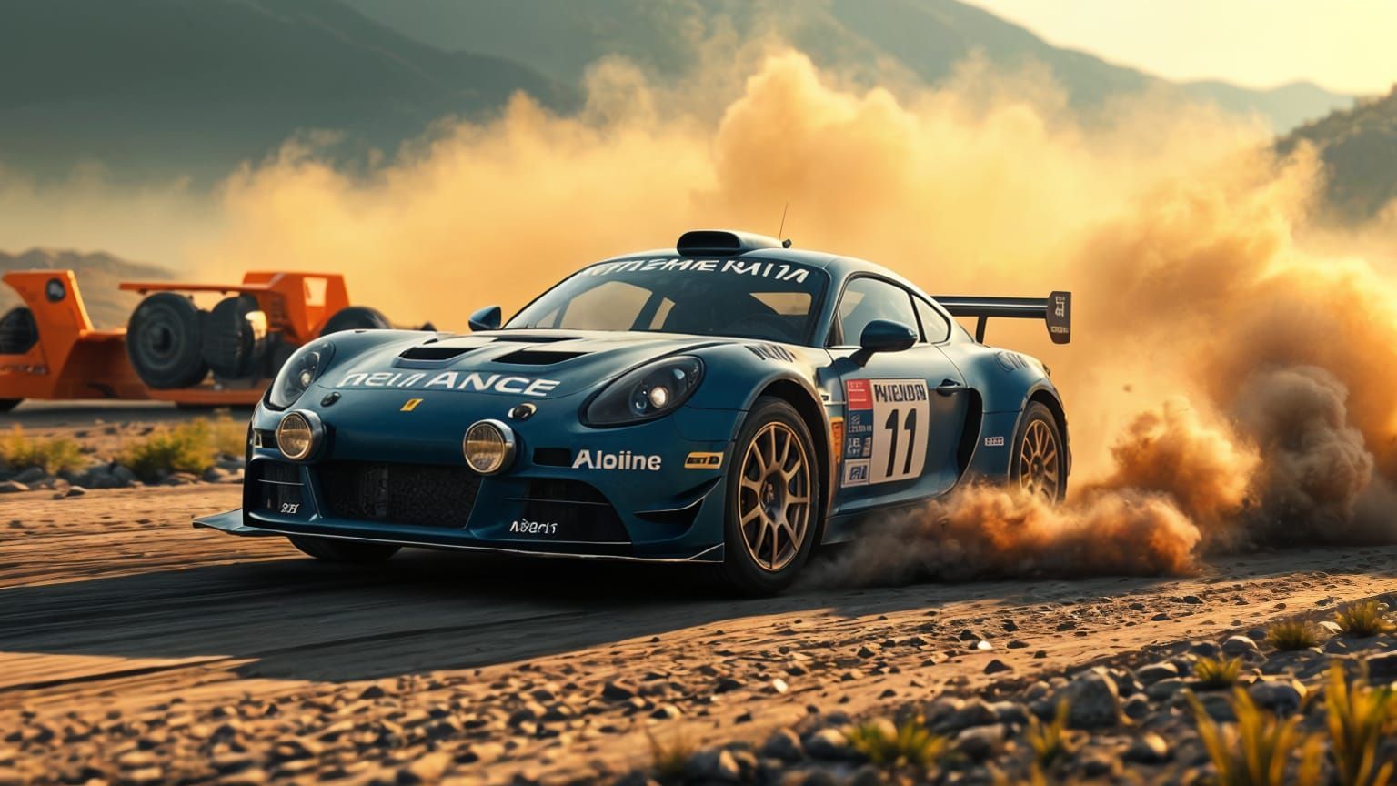 Alpine A110 Rally Car Speeding Across Desert Landscape