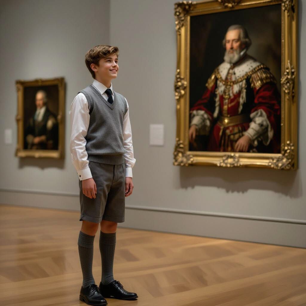 Teenage Boy in Art Gallery Admiring Portrait