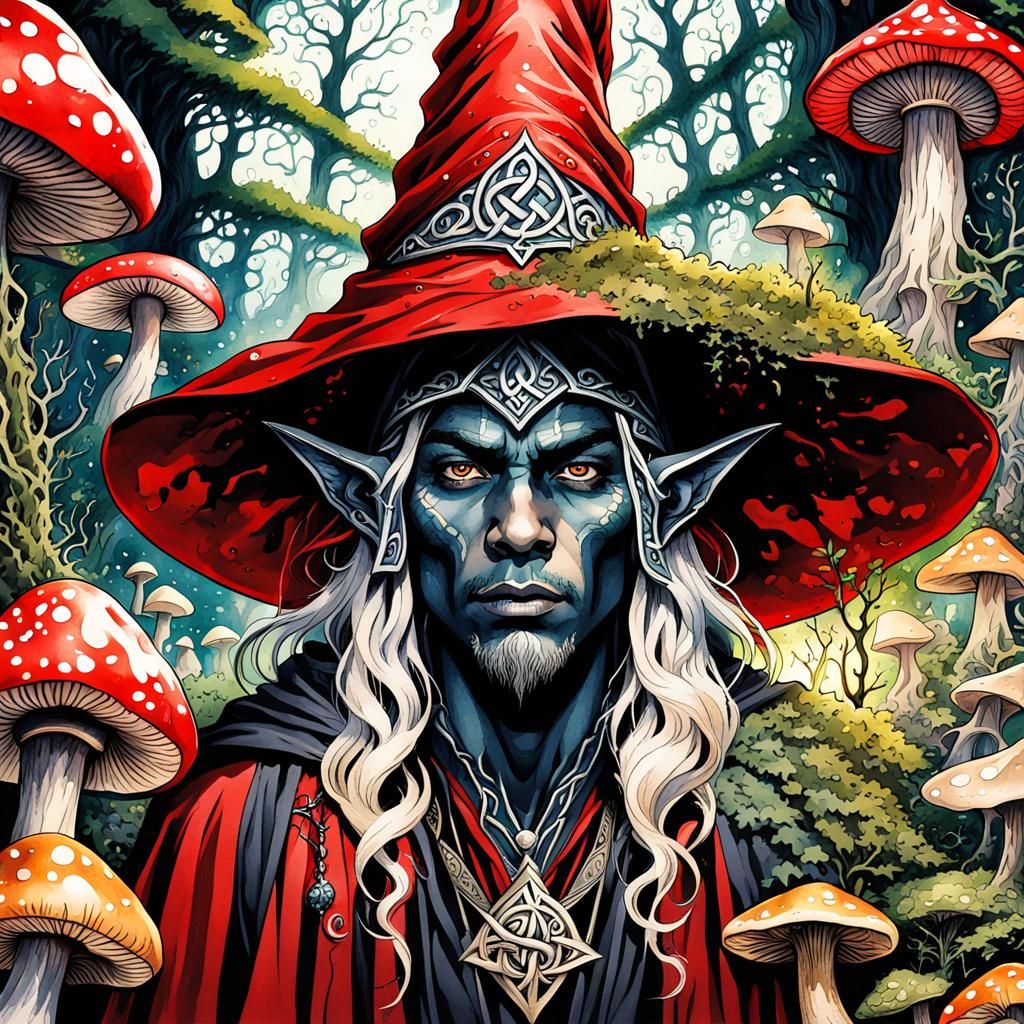 Drow Wizard in Gothic Library, Watercolor Gouache