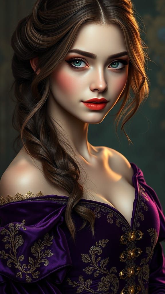 Medieval Maiden in Elegant Velvet Gown, with Alabaster Skin...