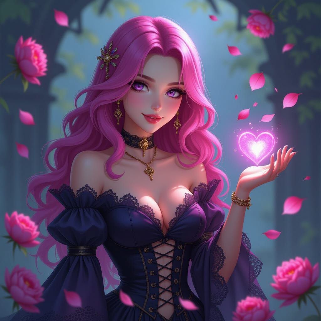 Gothic Woman Collecting Souls Amidst Peony Petals