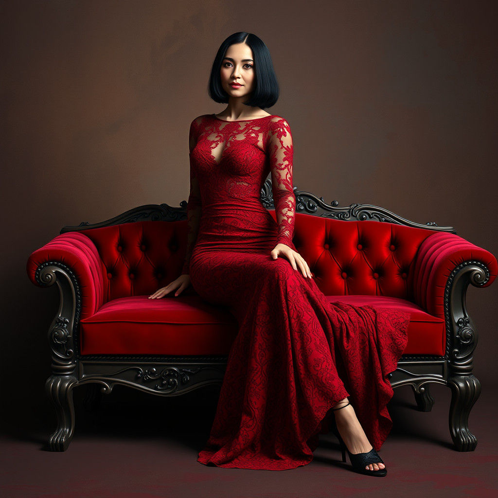 Elegant Woman in Red Lace Gown on Settee