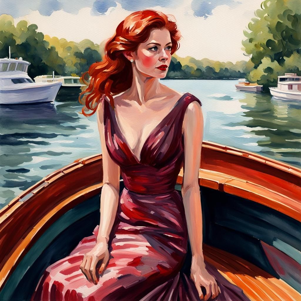 Elegant Woman on Chris-Craft Boat in Gouache Style