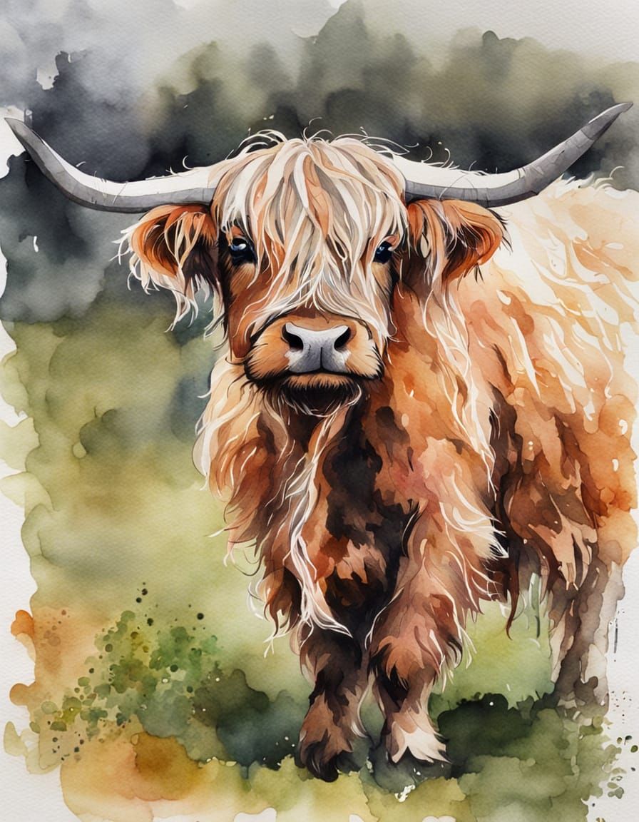 Miniature Highland Cow in Whimsical Ink and Watercolor Style