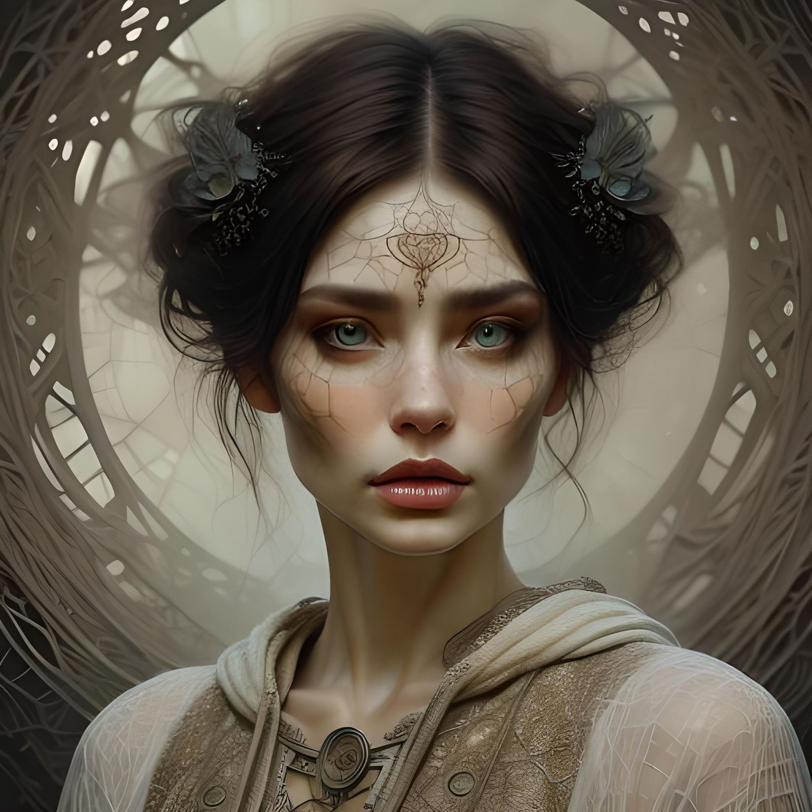 Brunette Woman with Scales in Inky Portrait Style