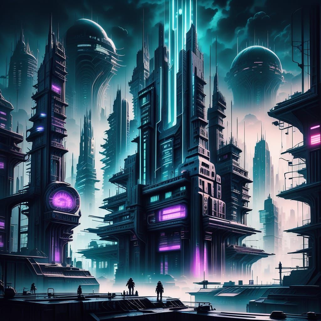 Futuristic Biomechanical Cityscape with Neon Lights