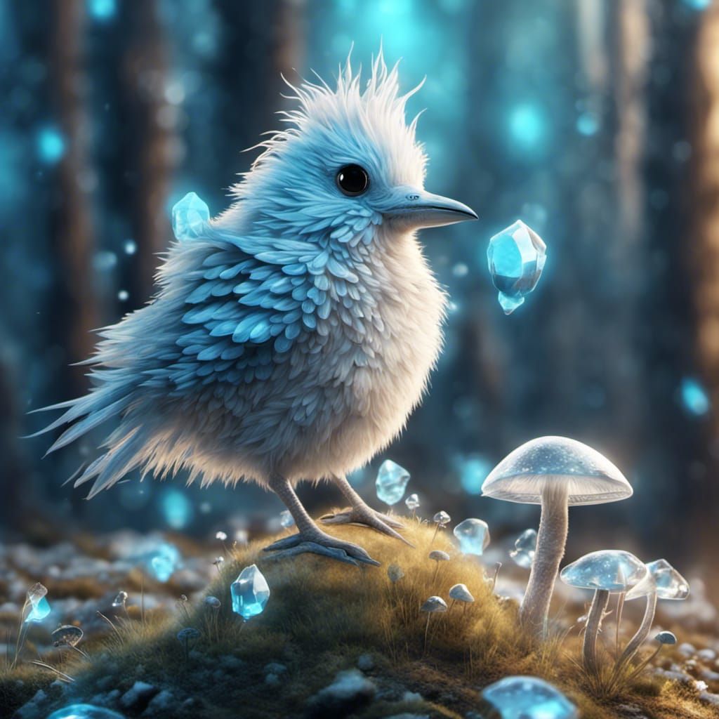 A fluffy little bird in forest with toadstools.
