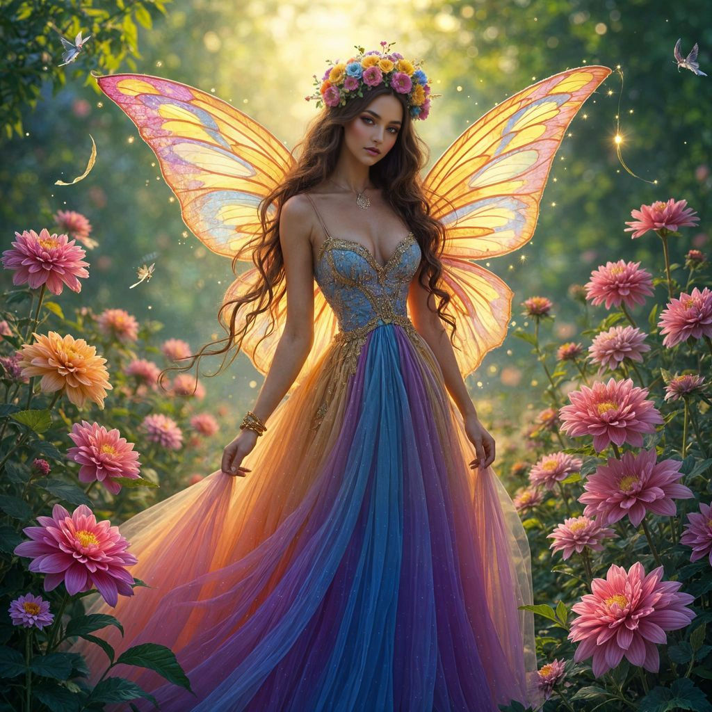 Vibrant Faerie Queen Amidst Dahlia Blooms in Whimsical Color...