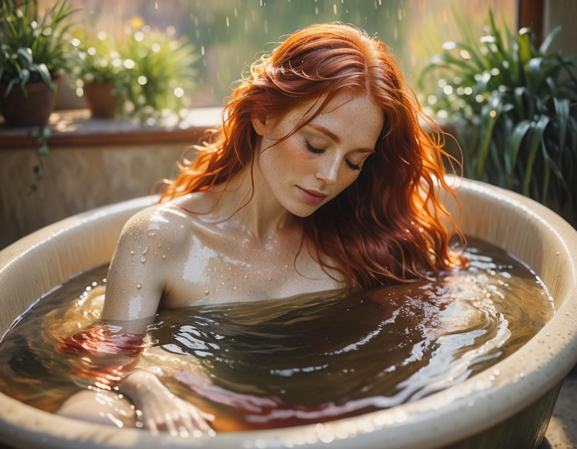 Impressionist Woman in Tub with Flowing Red Hair