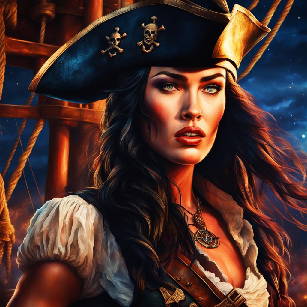Close up portrait of a stunning Megan Fox pirate whit a allure posture.