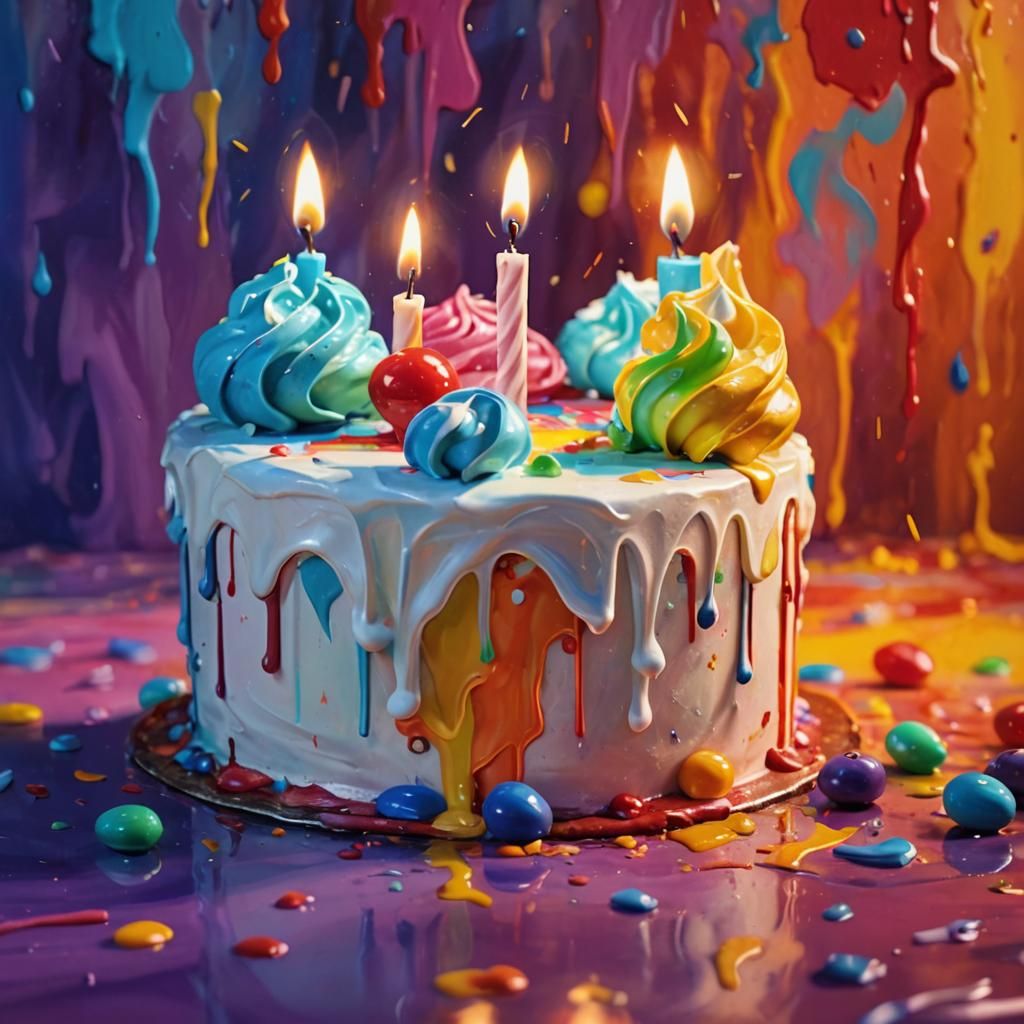 Vibrant Oil Painting of Birthday Cake With Candles