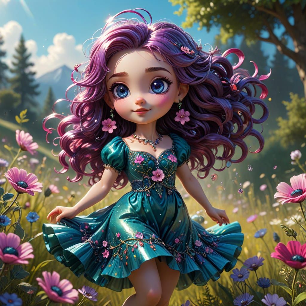 Chibi Lady Dancing in Sunlit Meadow with Glass Bead Dress