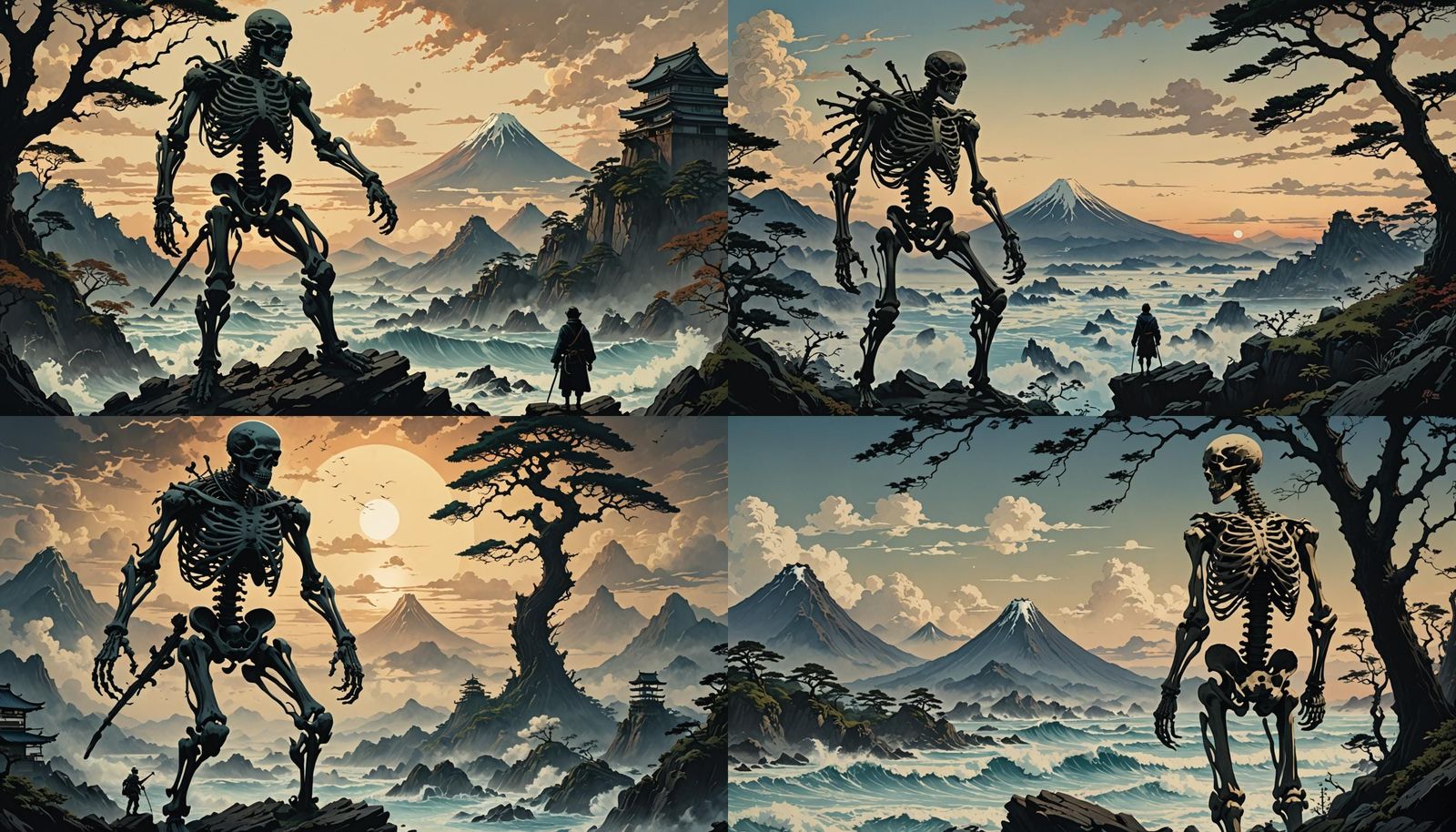 Silhouette of Skeletal Man in Japanese Art Style