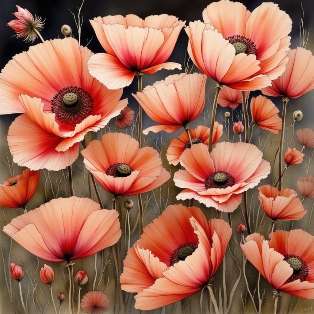 Vibrant Poppies in Soft Evening Light, Masterfully Rendered....