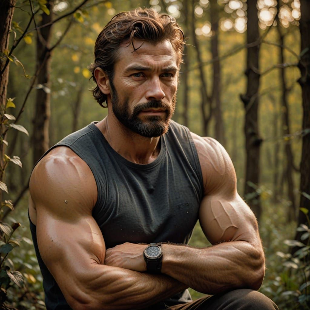 Rugged, Handsome Man with Mice Amidst Warm, Golden Backgroun...