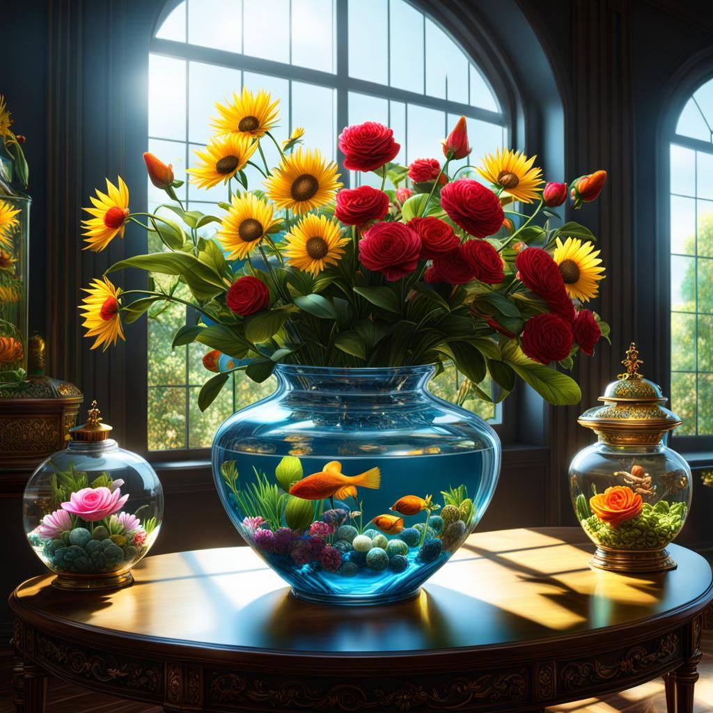 Still Life Flowers in a Vase Aquarium. 3