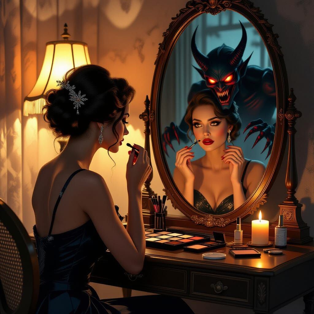 Eerie Reflection: Demon Appears Behind Woman at Vanity