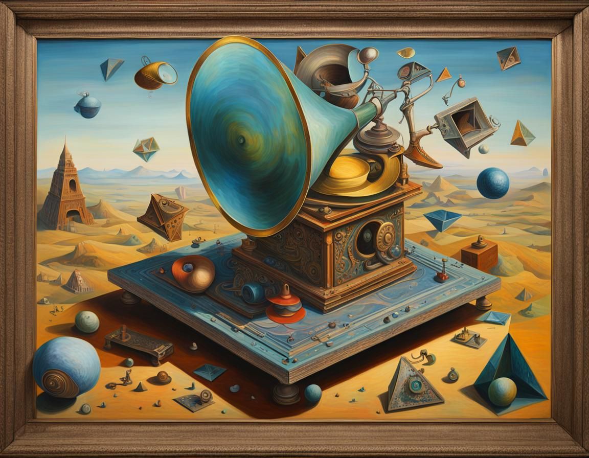 Surreal Octahedron with Gramophone, Shell and Top