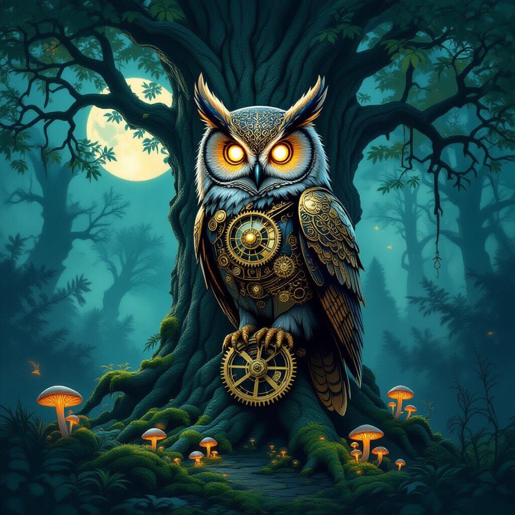 Clockwork Owl on Ancient Tree in Steampunk Fantasy Art