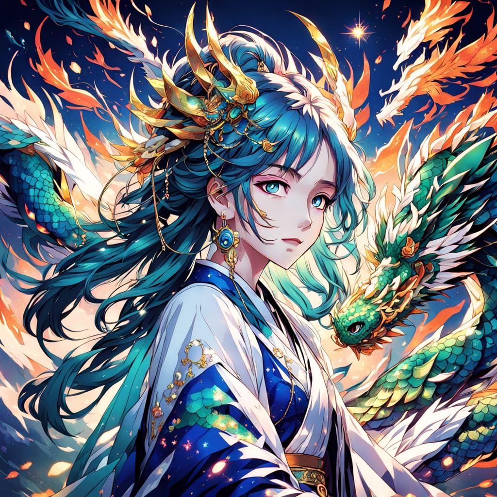 Serene Dragon Maiden in Vibrant Anime Style
