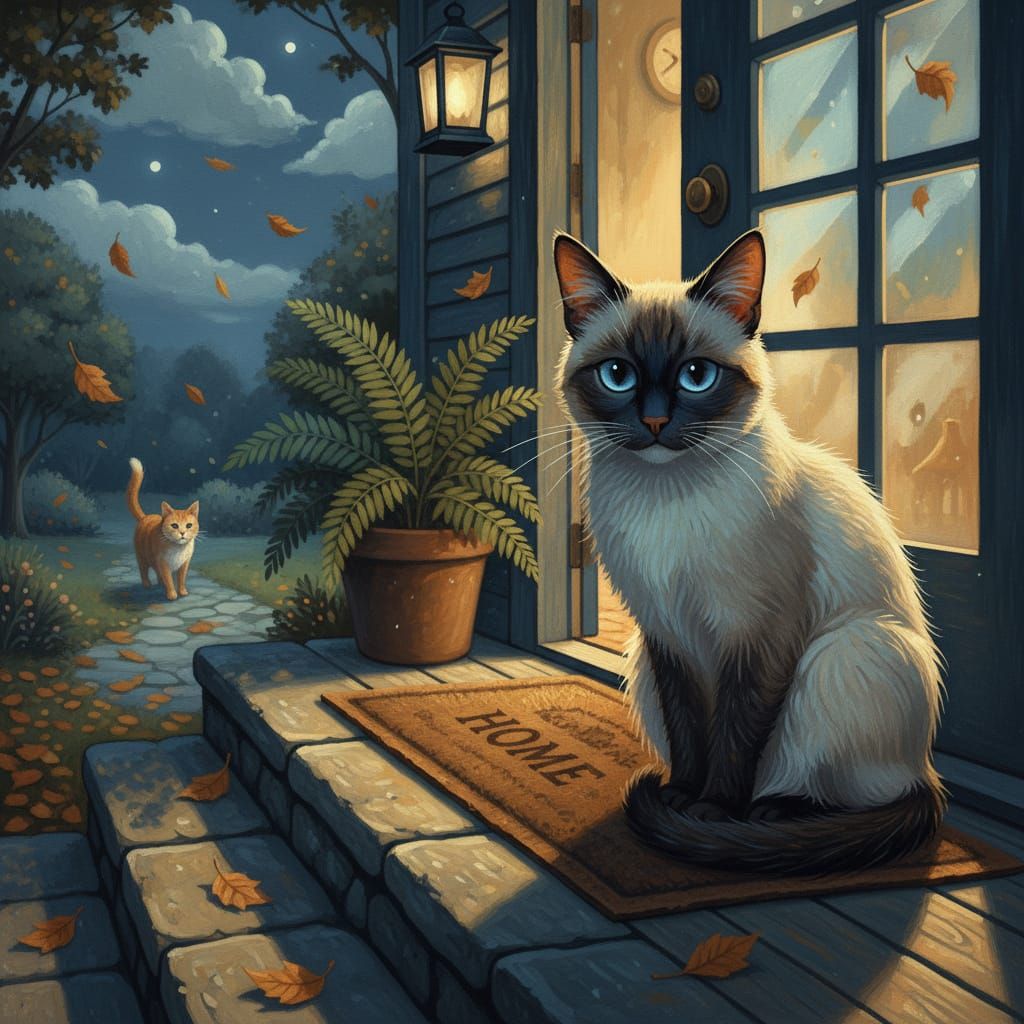 Siamese Cat Waits for Friend by Moonlit Door