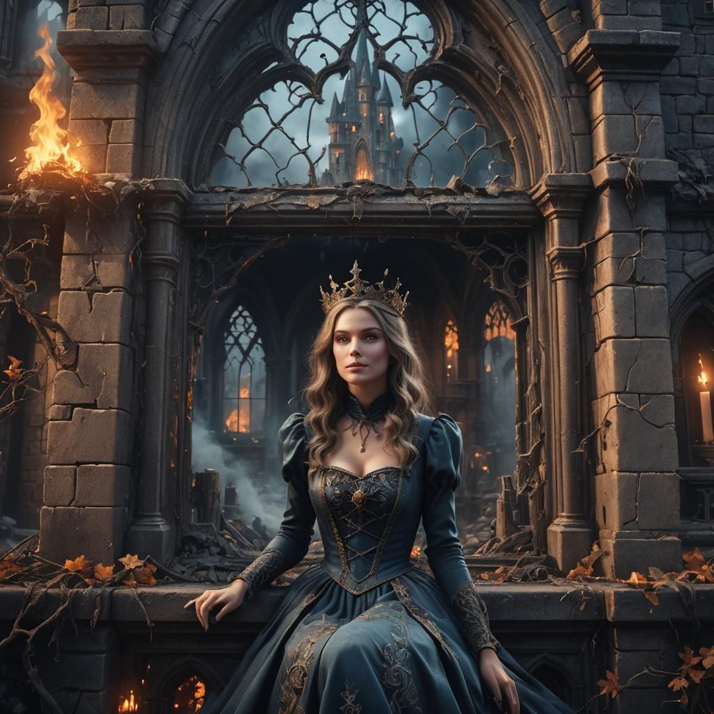 Eerie Princess in Burned Castle: Fantasy Art
