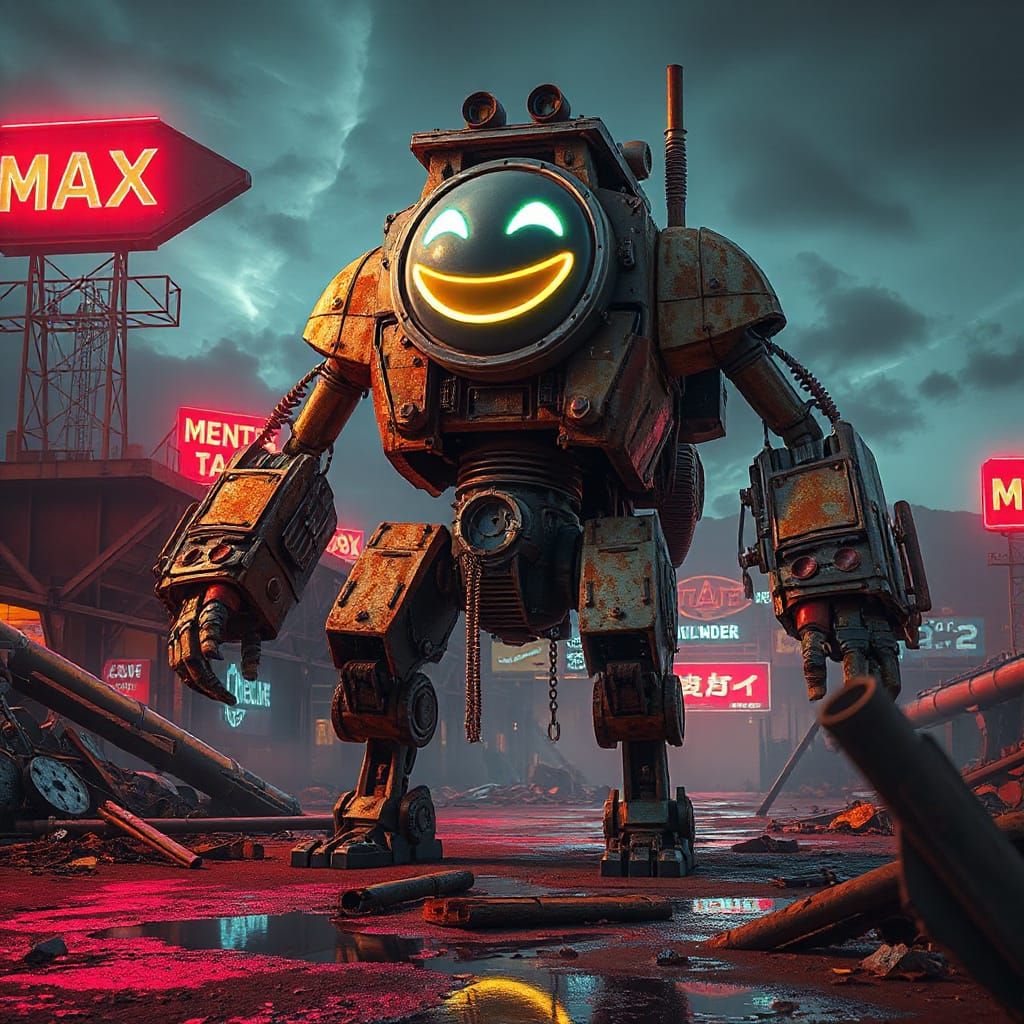Mad Max Robot with Neon Lights in Cyberpunk City