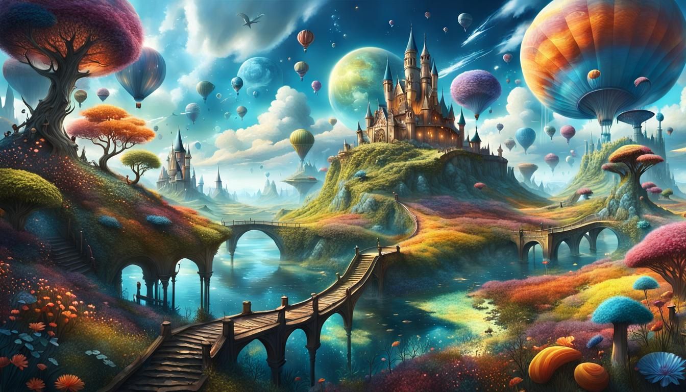 Colorful Surreal Fantasy Landscape in Graphic Novel Style