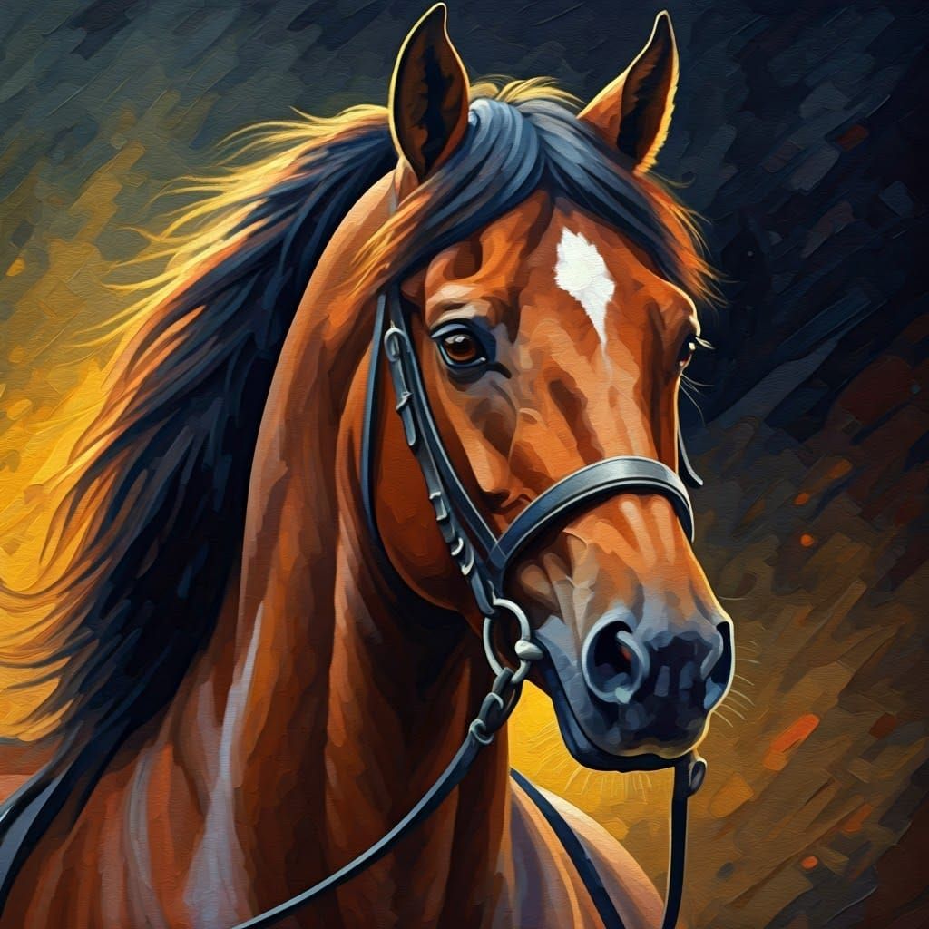Powerful Brown Horse with Golden Mane, Energetic Painting
