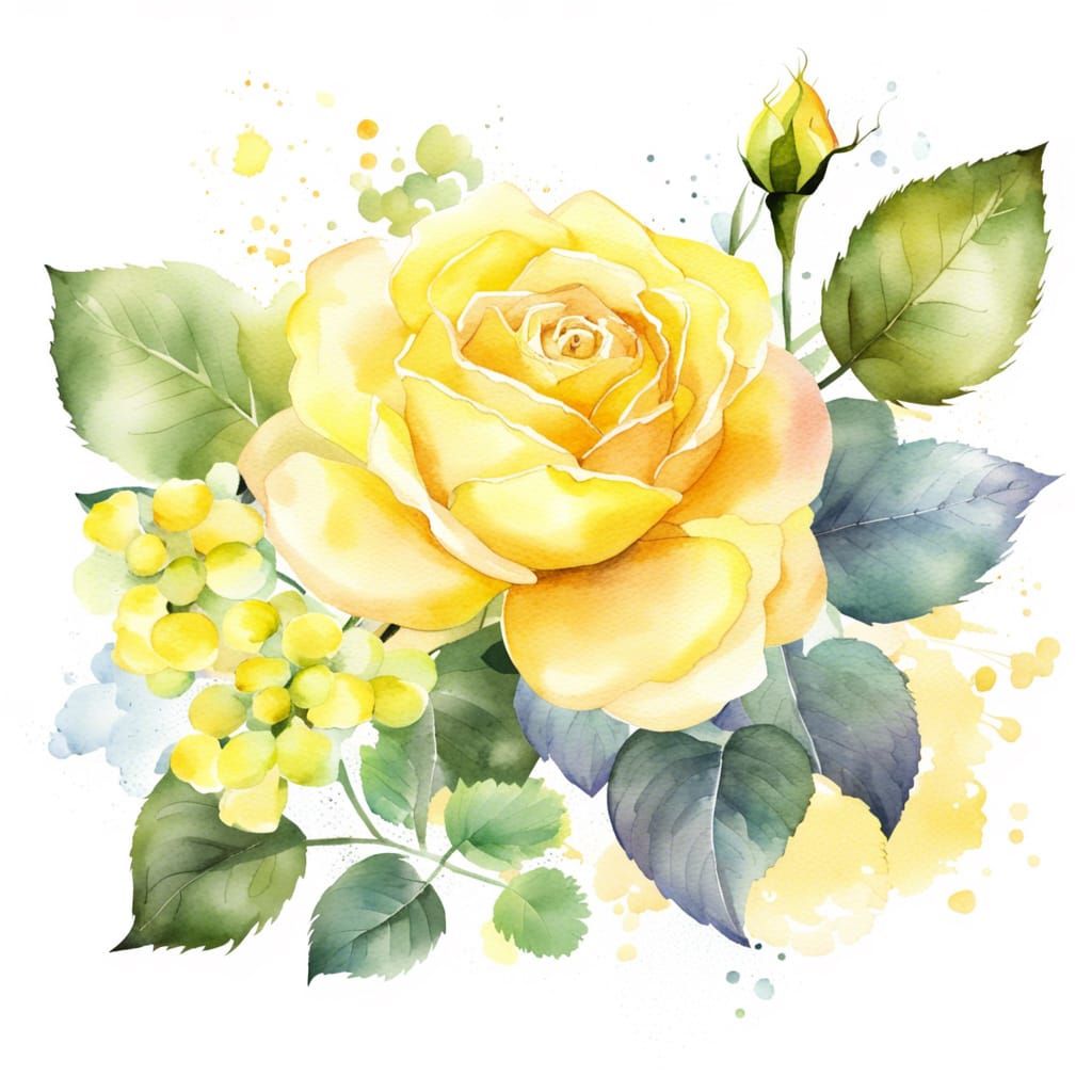 Watercolor Yellow Rose with Hydrangeas Illustration