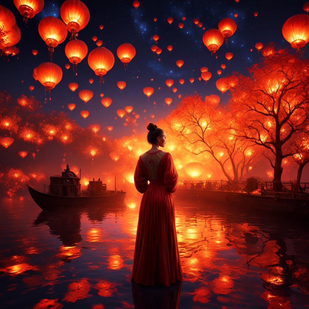 Woman in Reflective Dress with Vesak Lantern in 3D Art