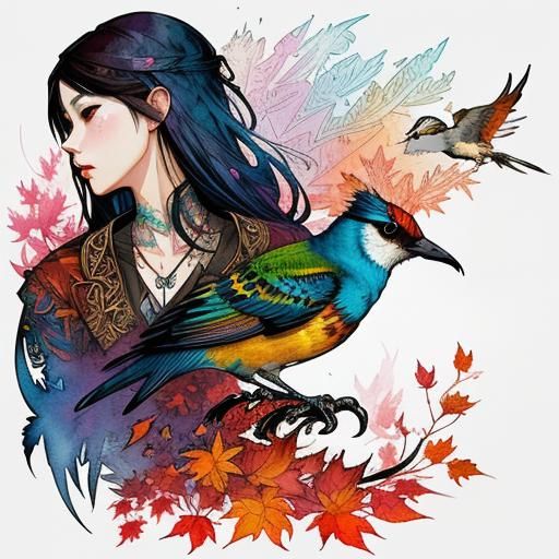 Epic Stylized Watercolor Illustration of an Autumn Bird