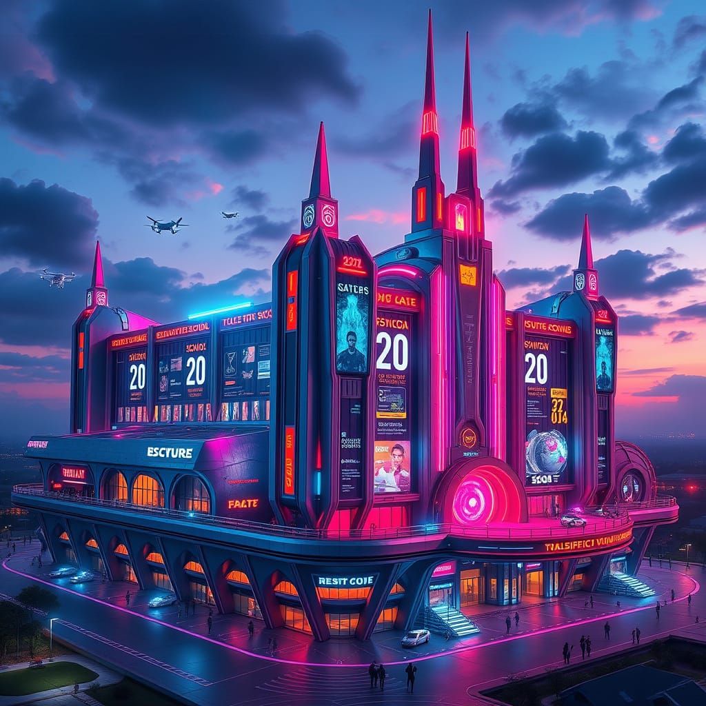 Surreal Futuristic School in a Neon-Lit Perpetual Dusk