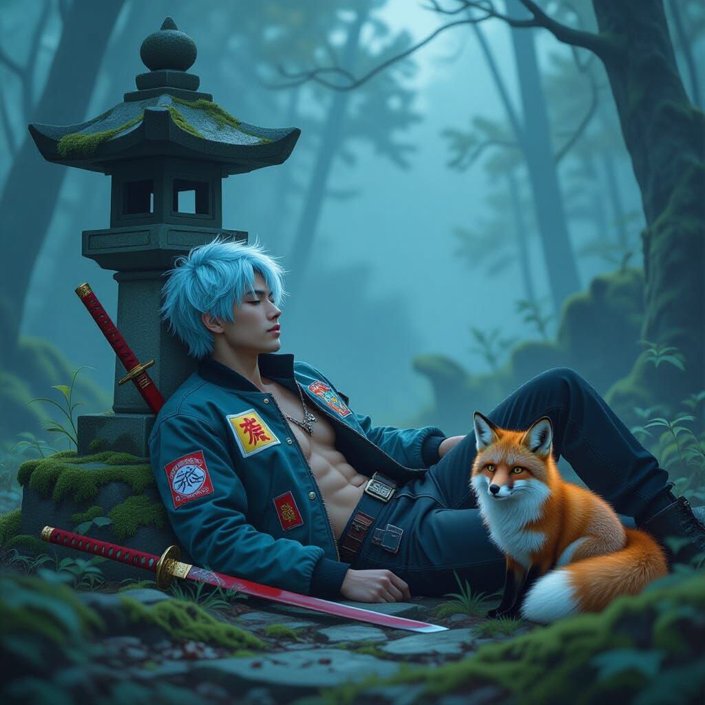 Anime Man Resting in Forest, Digital Painting