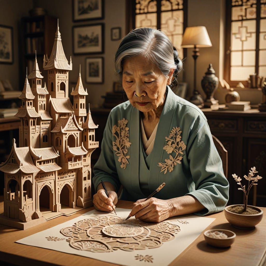 Elderly Asian Woman Crafts Intricate Paper Diorama